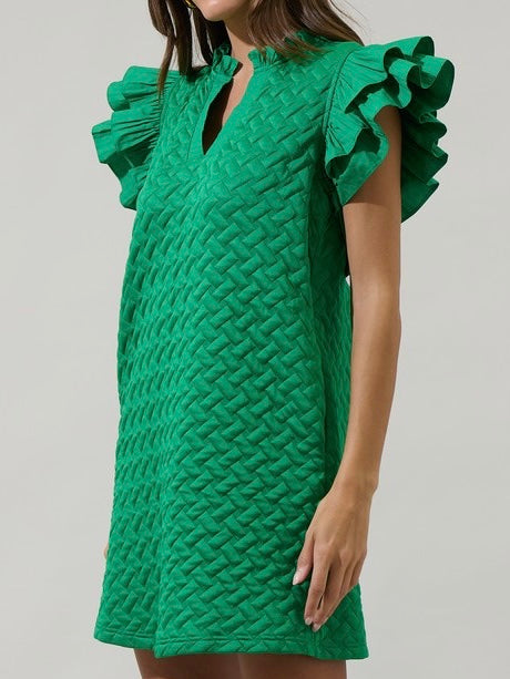 Green Quilted Ruffle Short Dress