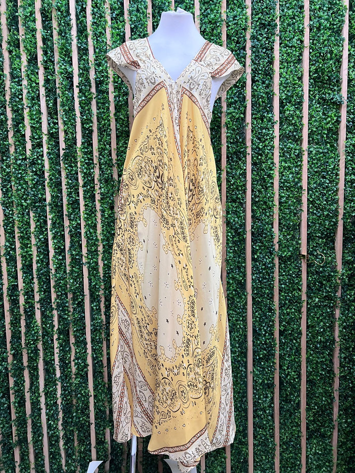 Yellow Bandana V Neck Cap Sleeve Maxi Dress