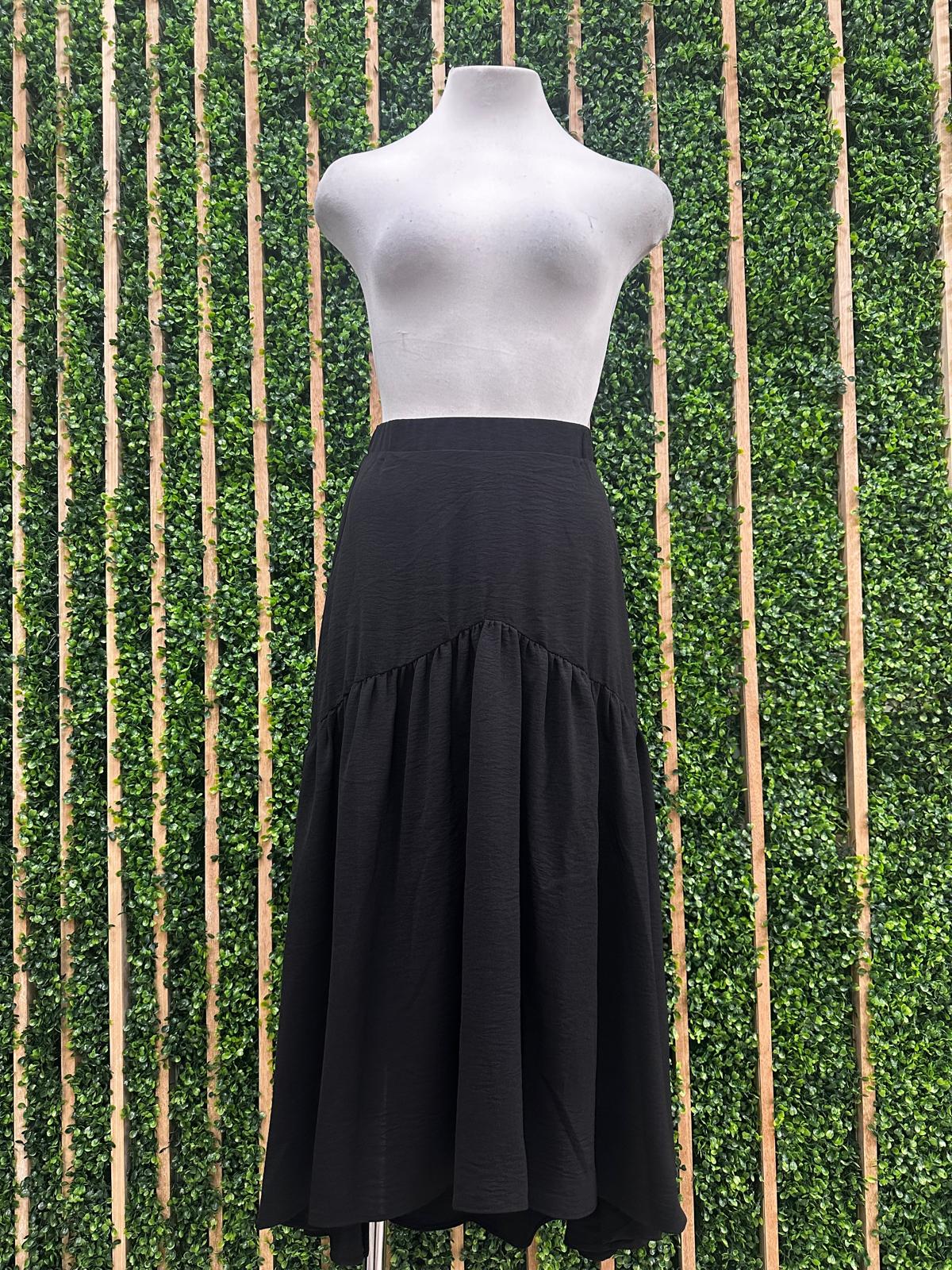 Black Crepe Hi Lo Tiered Midi Skirt