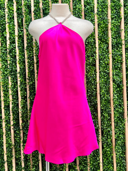 Hot Pink Rhinestone Strap Halter Short Dress