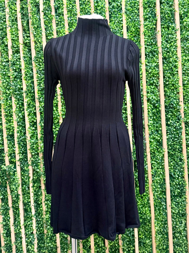 Black Pleat Turtle Neck Sweater Dress
