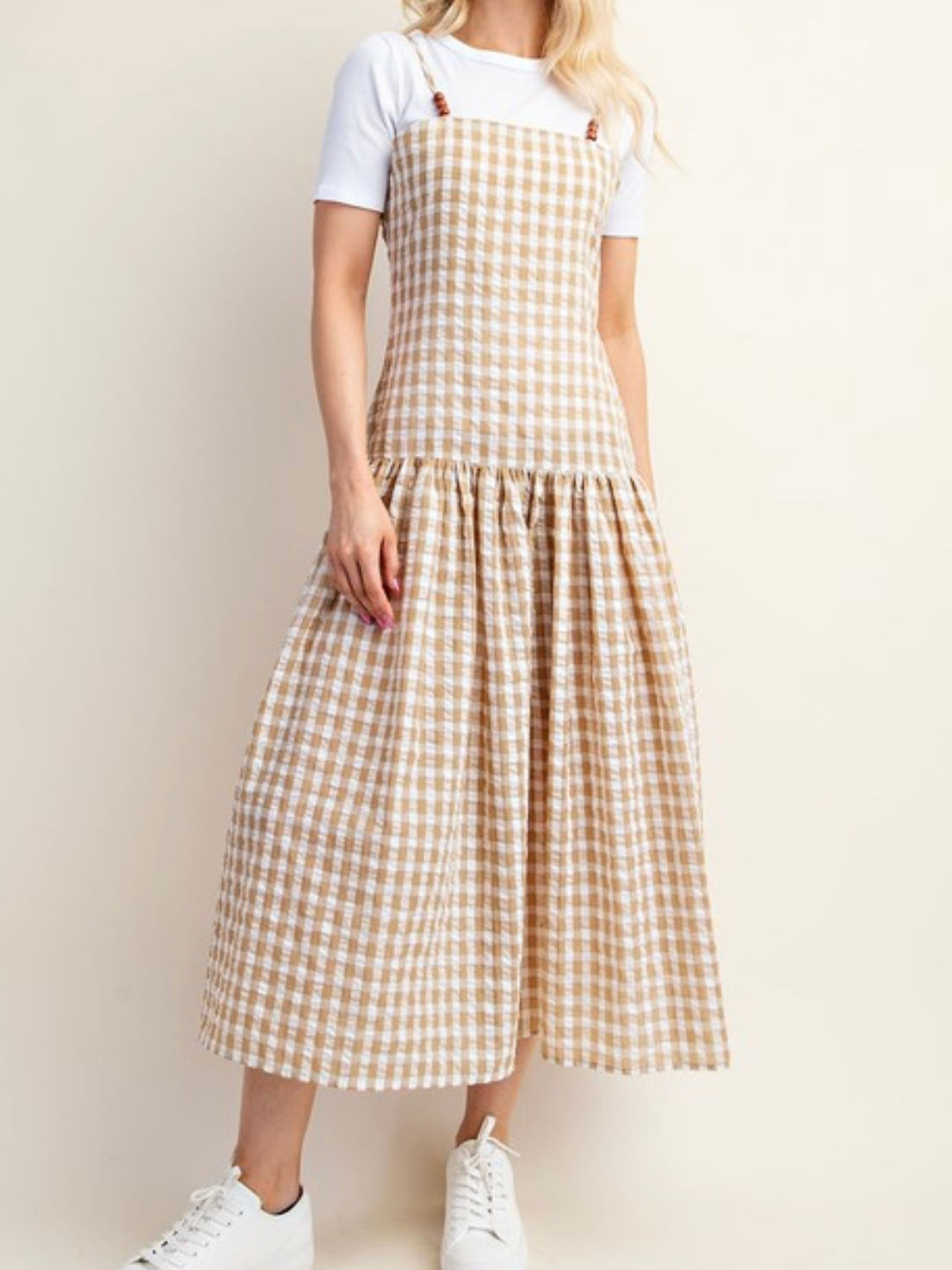 Wood Bead Detail Gingham Midi Dress