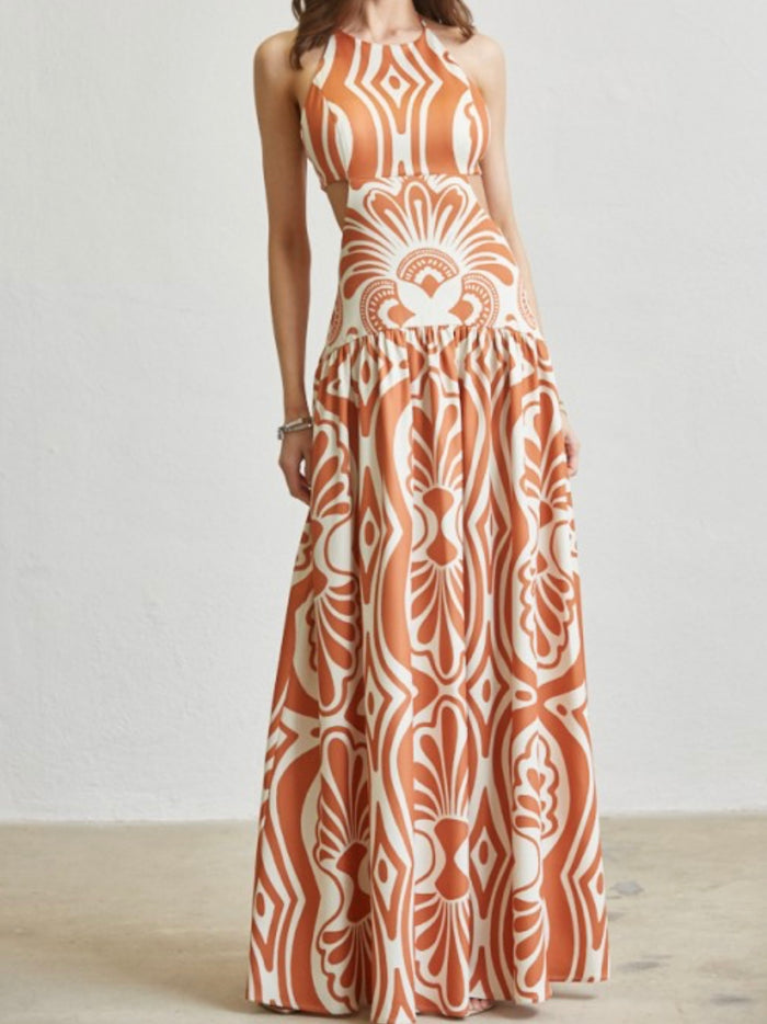 Beautiful Terracotta Print Cutout Halter Maxi Dress