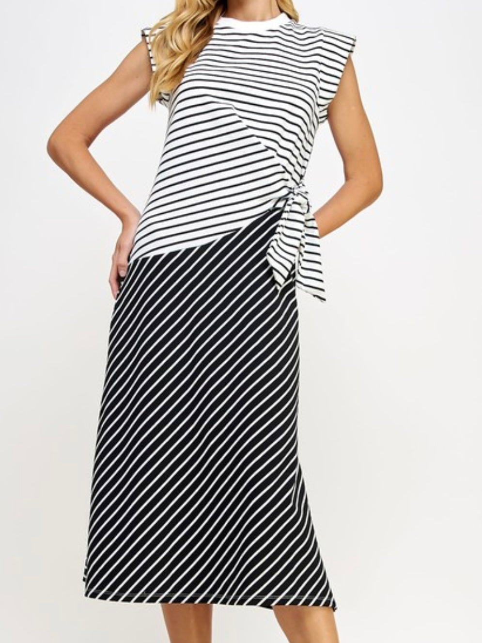 Black Stripe Knot Detail Midi Dress