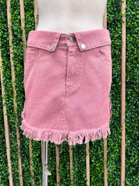 Pink Frayed Mini Denim Skirt