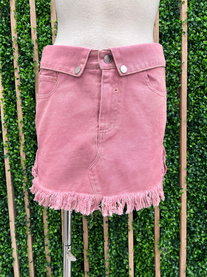 Pink Frayed Mini Denim Skirt