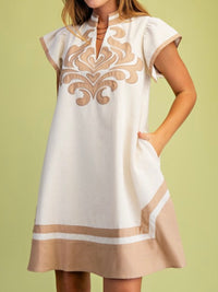 High Neck Embroidered V Neck Short Dress