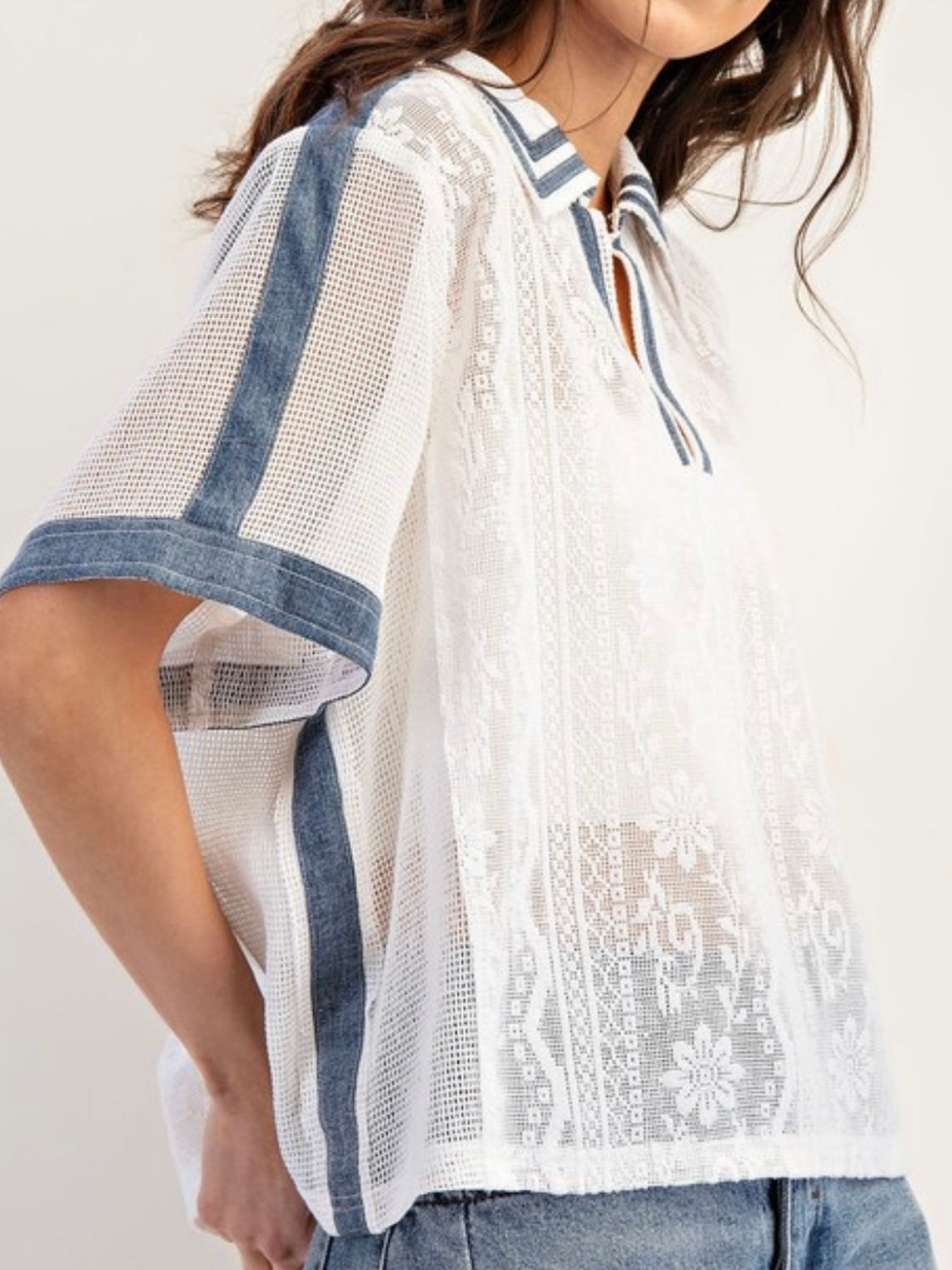 Denim Trim White Lace Button Down Blouse