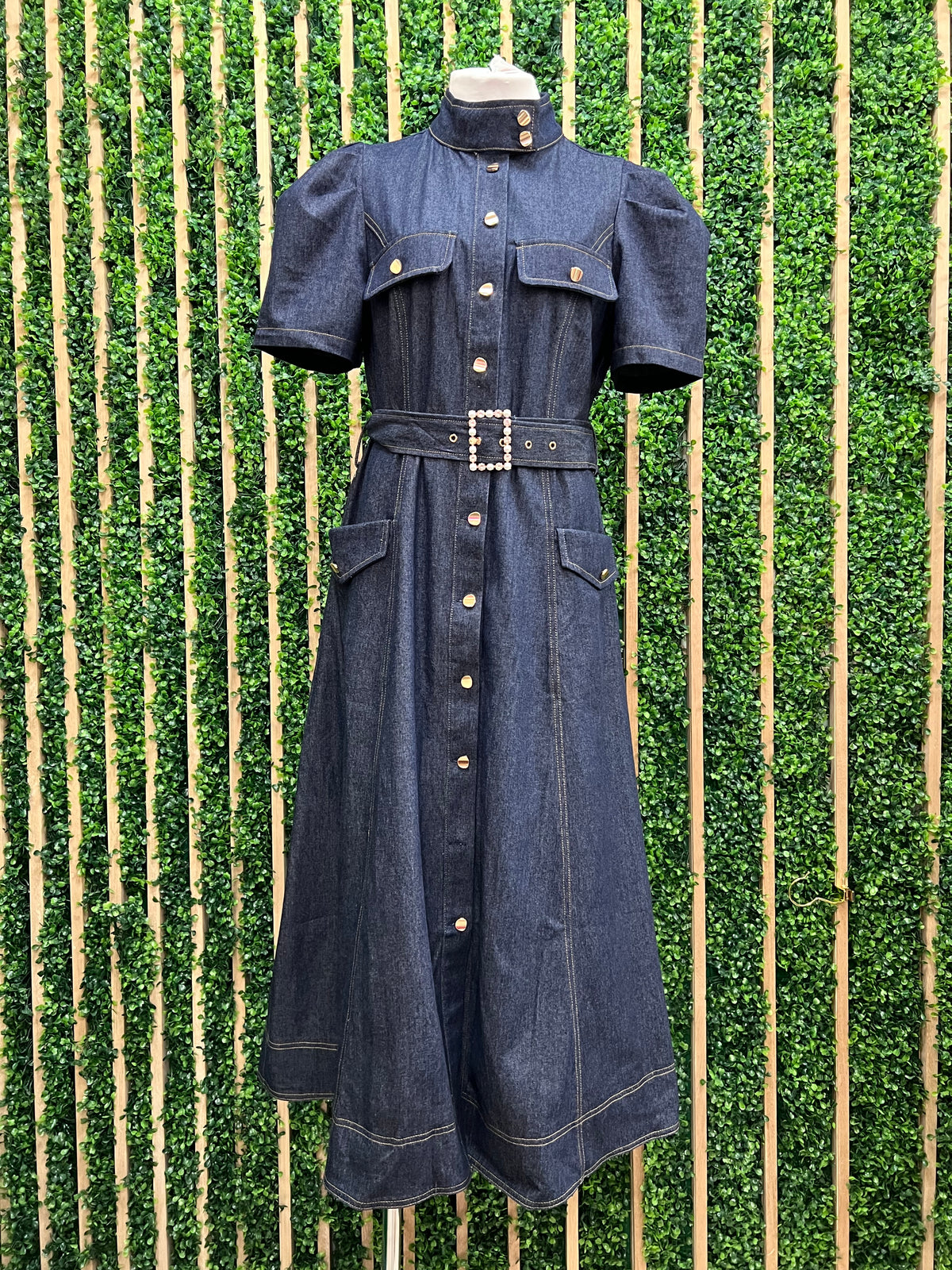 Pearl Buckle Dark Denim Midi Dress