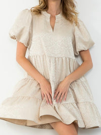 Beige Jacquard Puff Sleeve Dress