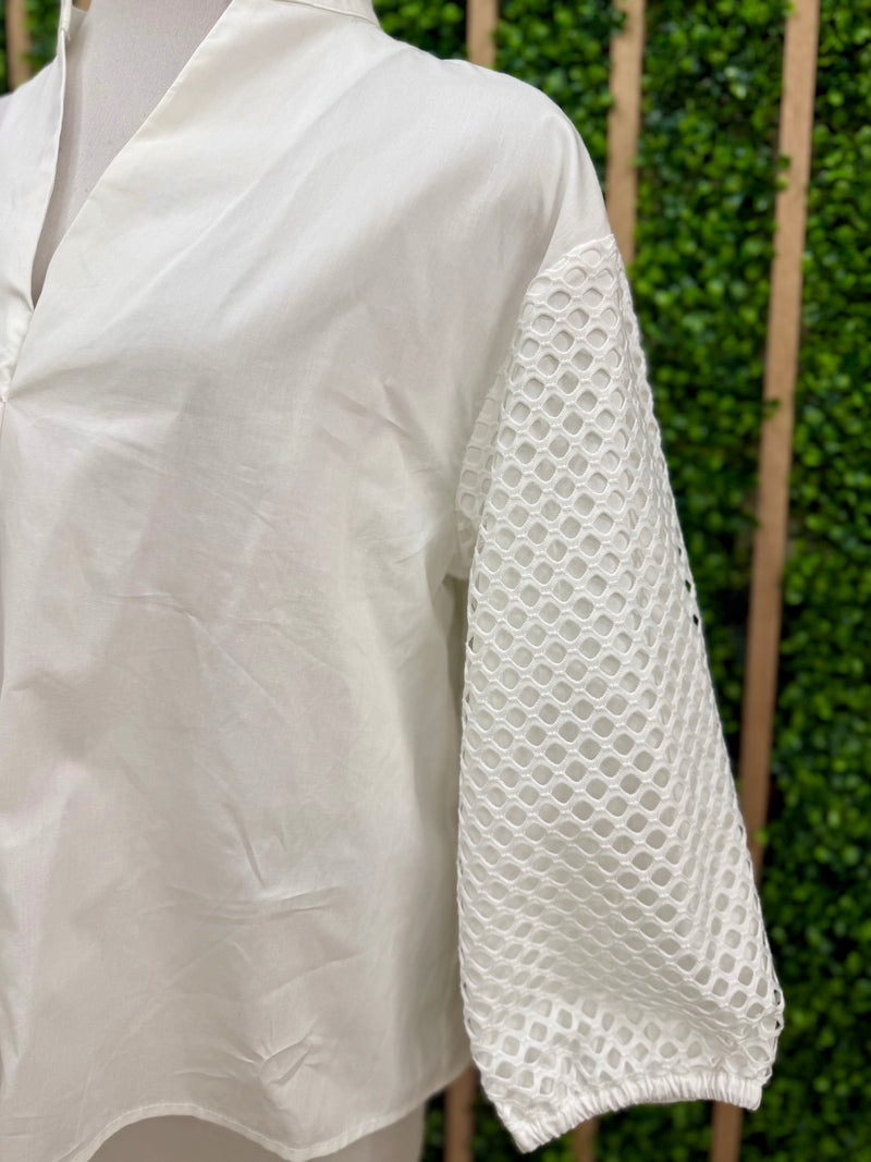 White Contrast Sleeve V Neck Blouse