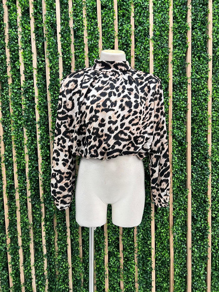 High Neck Leopard Print Crop Blouse