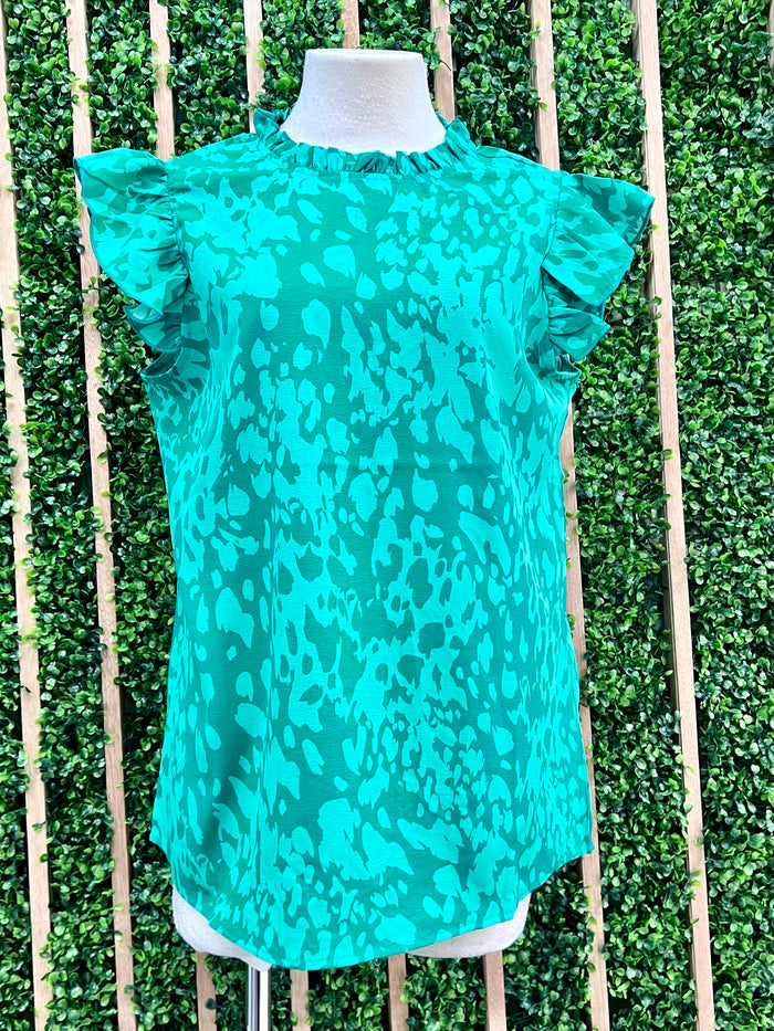 Ruffled Mock Neck Leopard Print Blouse