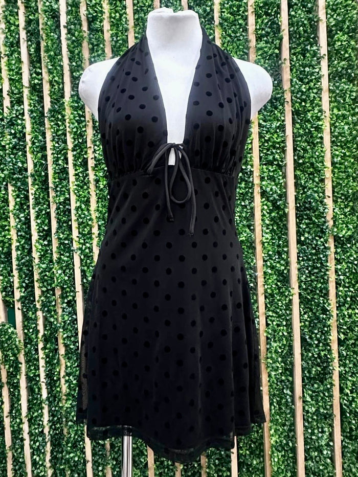 Beautiful Black Mesh V Neck Dots  Short Dress
