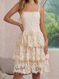 Beige Lace Sleeveless Tiered Short Skirt Dress