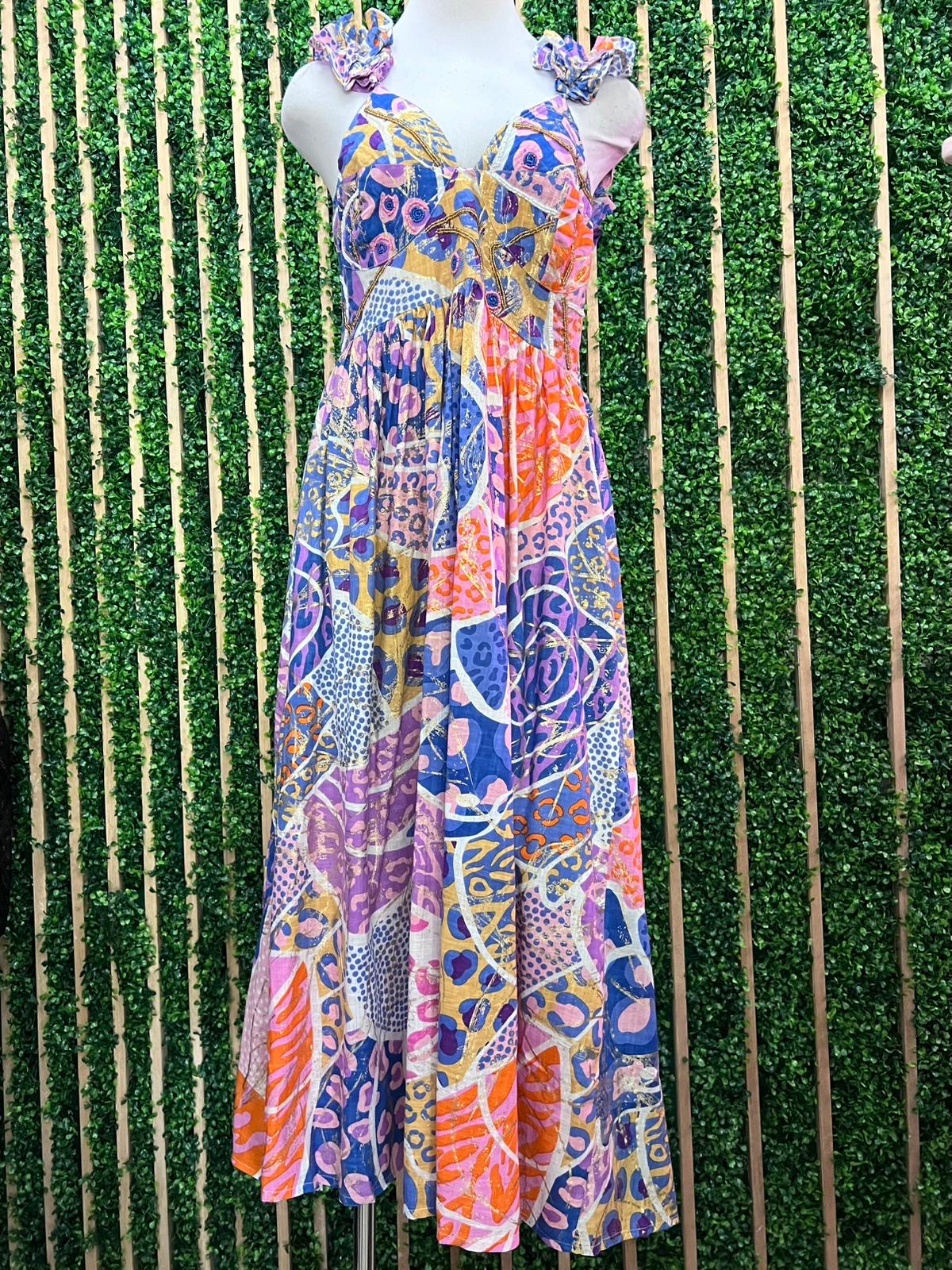 Italy Ruffled Shoulder Abstract Maxi Dress