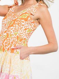 Green Orange Shoulder Tie Tiered Mxi Dress