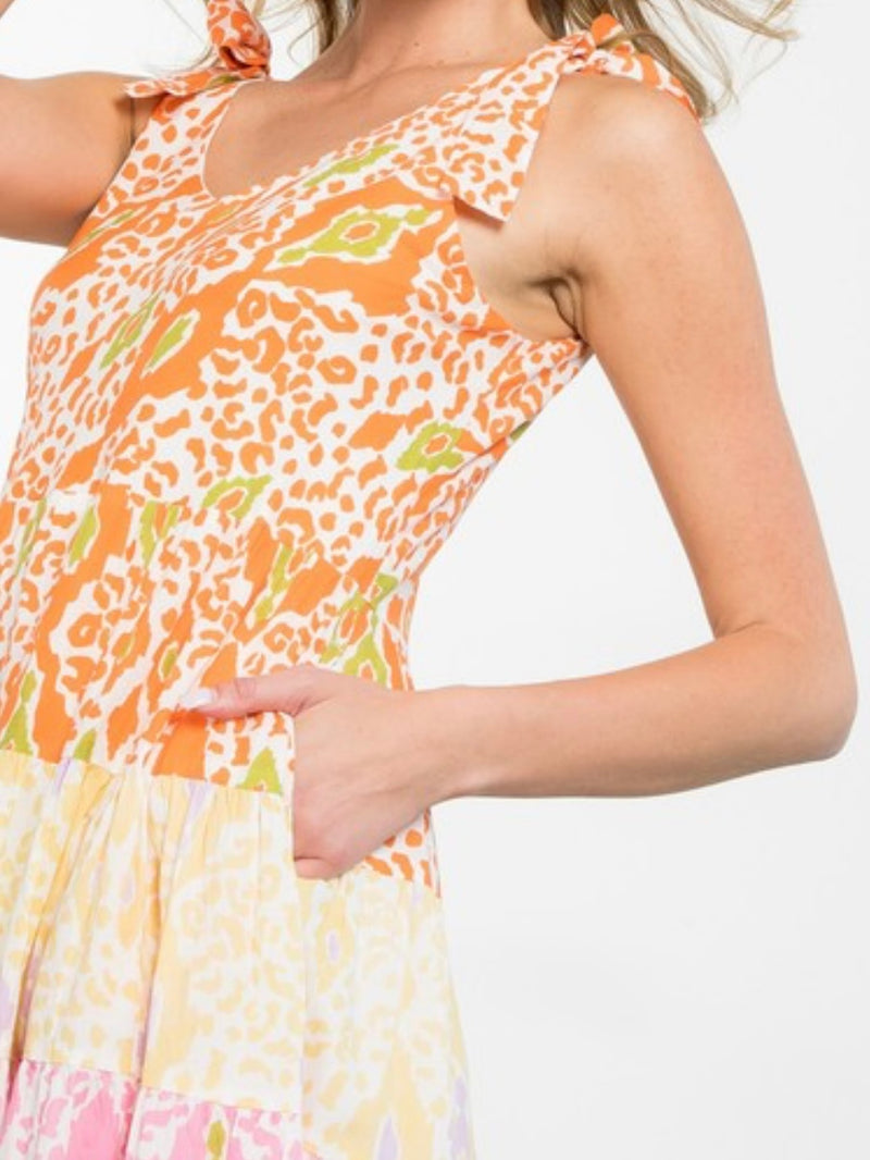 Green Orange Shoulder Tie Tiered Mxi Dress