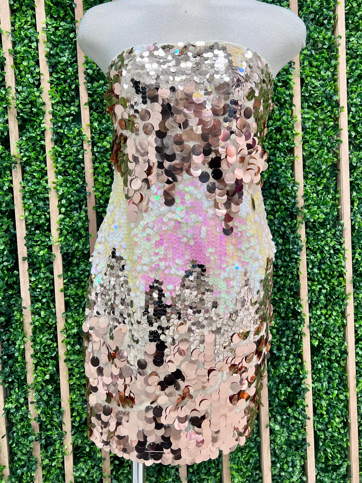 Beautiful Blush Silver Sequin Hombre Strapless Dress