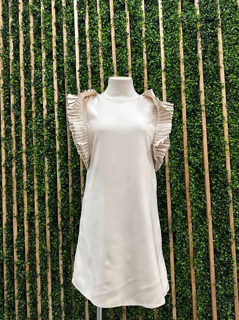 Cream Pleated Ruffle Sleeves Short Dress