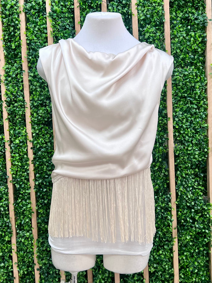 Cowl Neck Fringed Satin Top