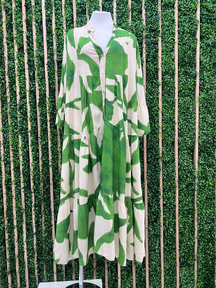 Green Abstract Print Tiered Maxi dress