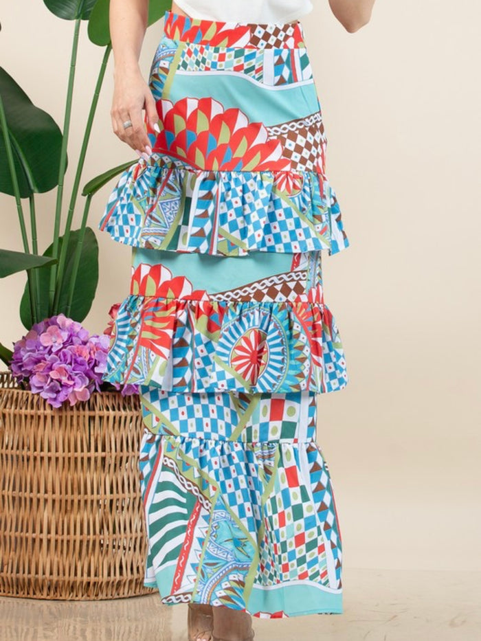 Multi Print Tiered Floral Maxi Skirt