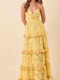 Mustard Lace Tiered Summer Ruffle Maxi Dress