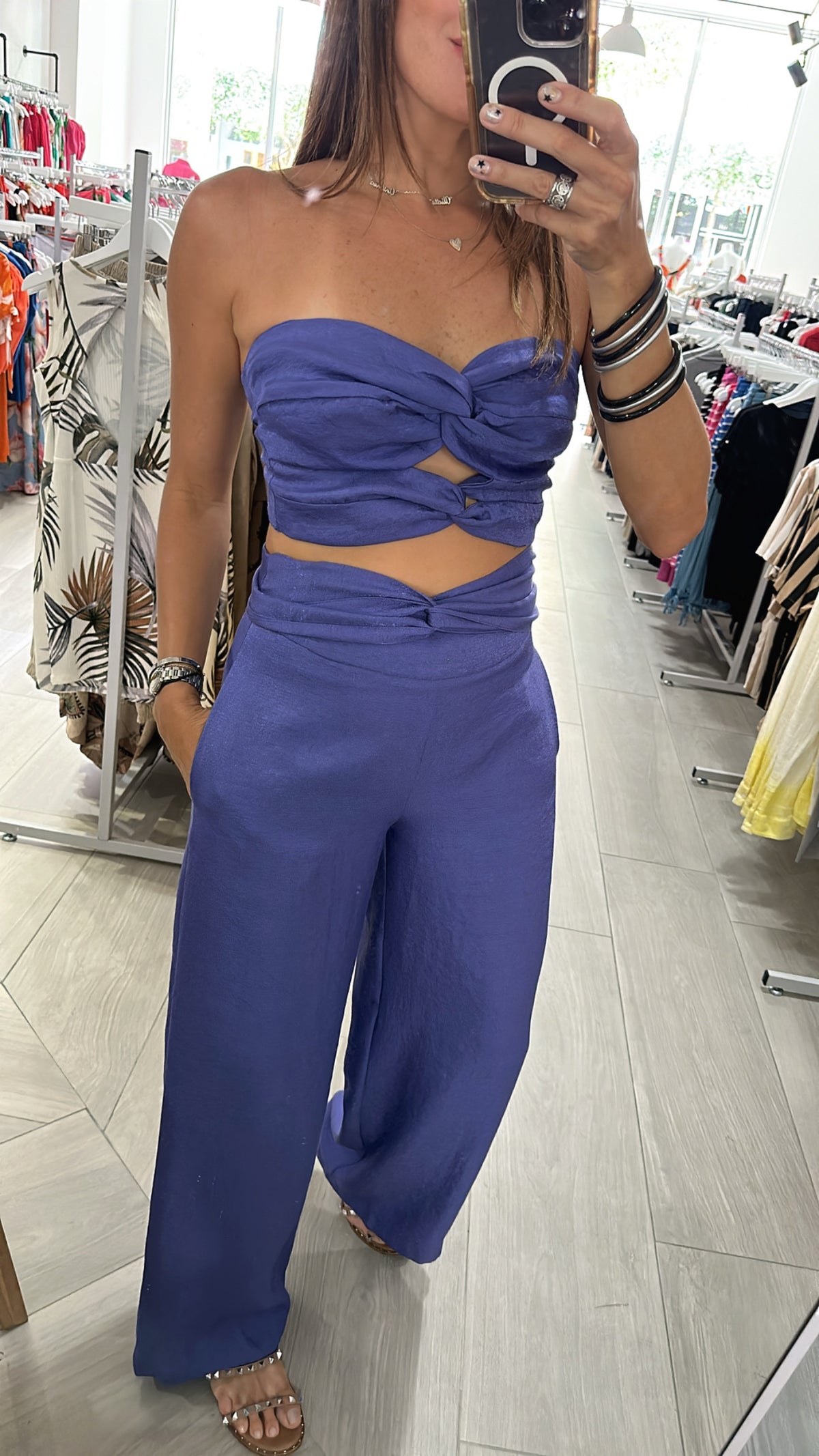 Beautiful Violet Metallic Cutout Strapless Pant Set