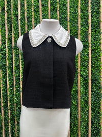 Black Sleeveless Tweed Top With Contrast Collar
