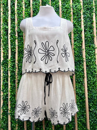 Ivory Black Embroidered Scallop Trim Top & Shorts Set