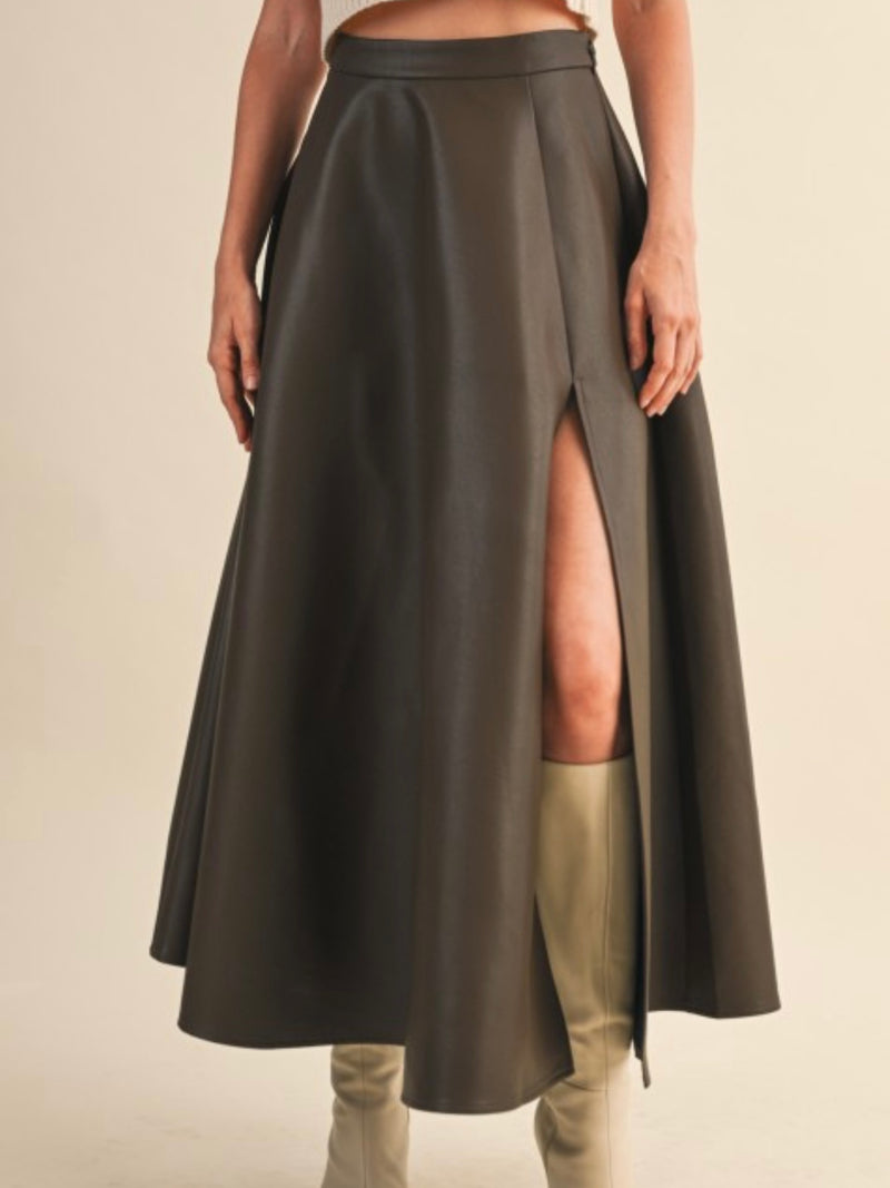 Side Slit Pleather Midi Skirt