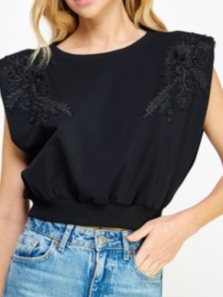 Black Lace Trim Muscle  Knit Top