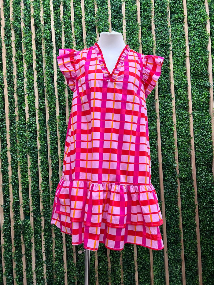 Pink Orange Darvy Checker Savie Shift Mini Dress