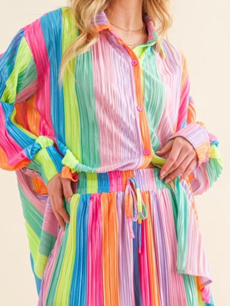 Rainbow Stripes Pleated Short Set