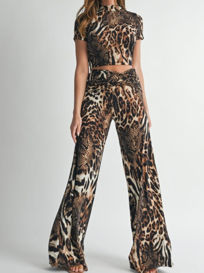 Brown Leopard Twist Waist Pant Set