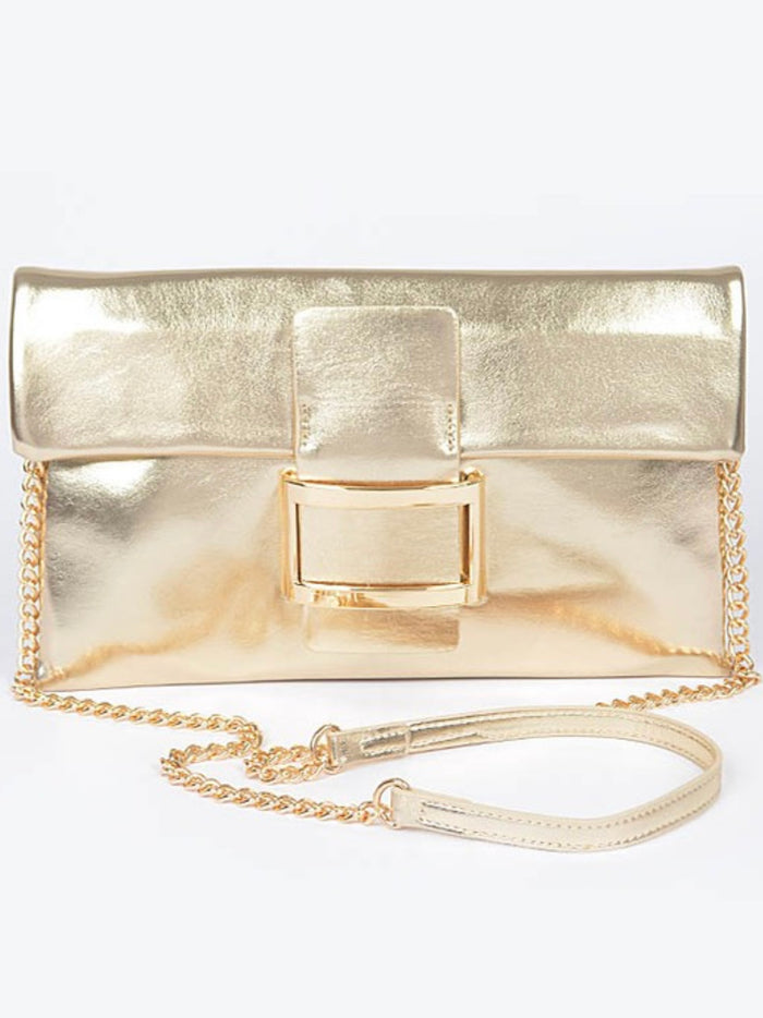 Buckle Detail Metallic Clutch