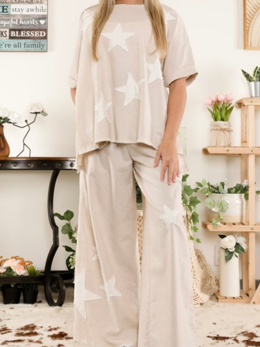 Natural White Star Patch Linen Pant Set