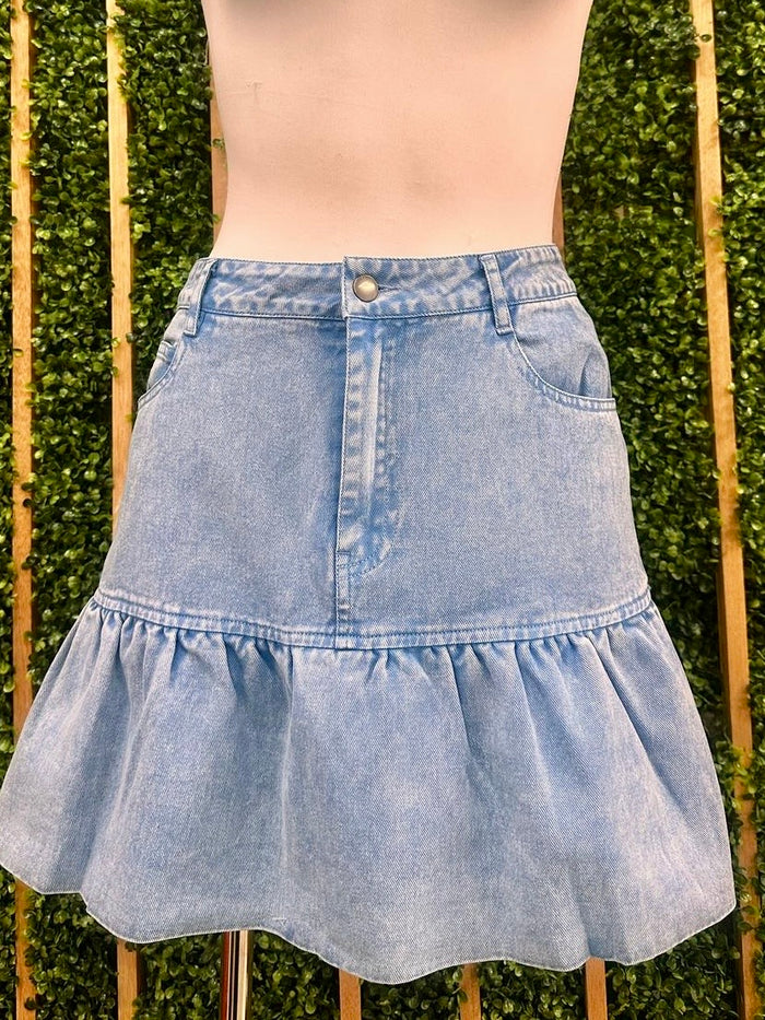 Vintage Wash Ruffled Hem Denim Skirt