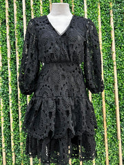 Beautiful V Neck Black Lace Tiered Skirt Short Dress