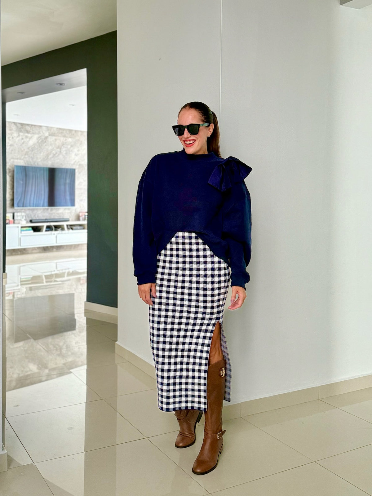 Beautiful Knit Navy Gingham Midi Skirt