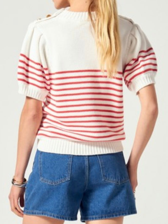 Button Detail Off White Red Stripe Blouse