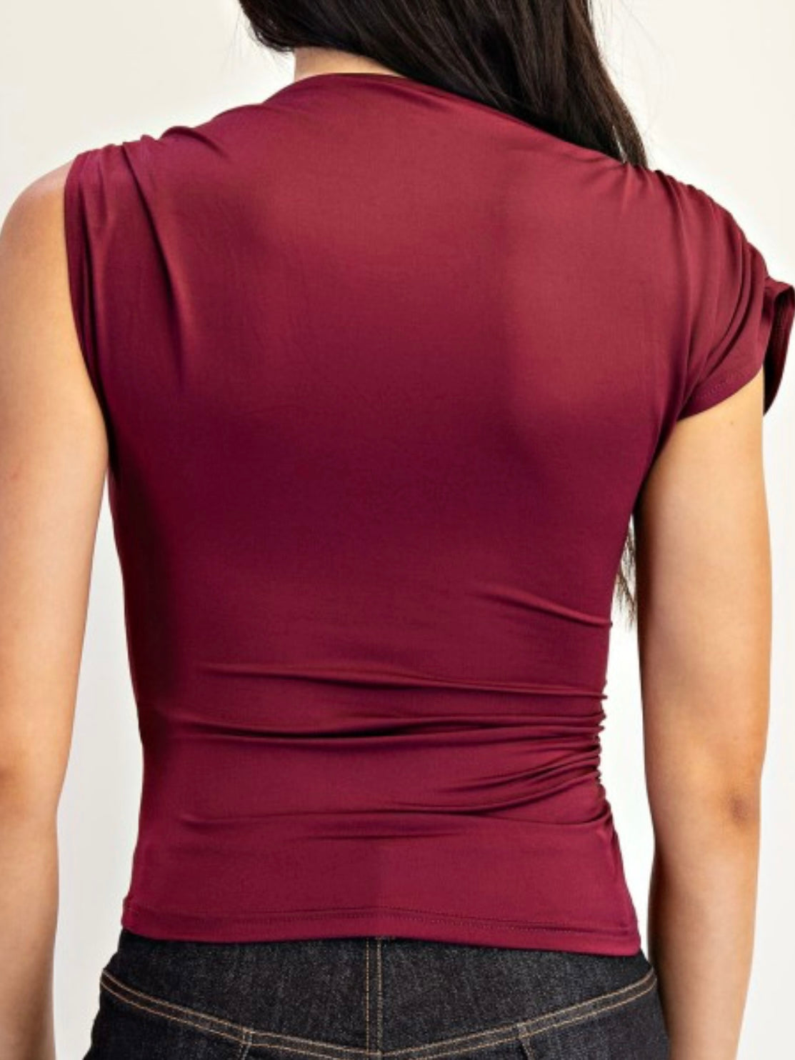 Asymmetrical Shoulder Ruched Top With Gold Trim Top