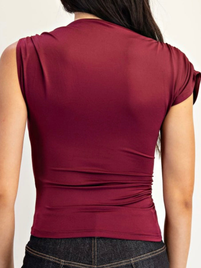 Asymmetrical Shoulder Ruched Top With Gold Trim Top