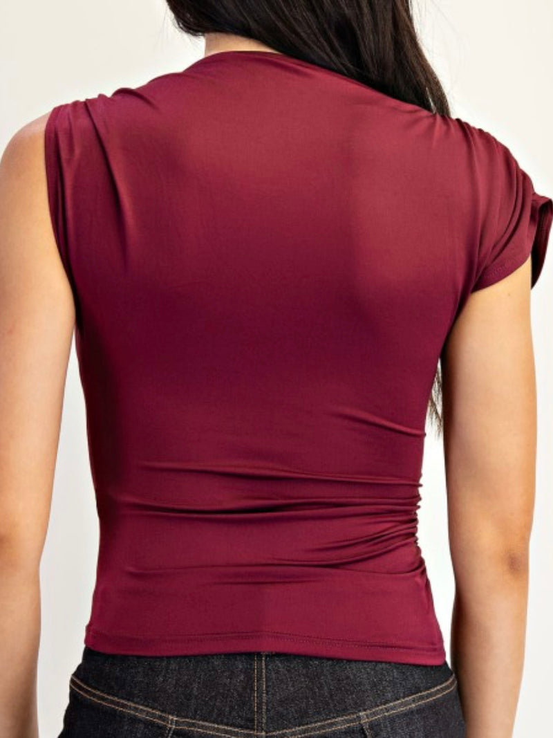Asymmetrical Shoulder Ruched Top With Gold Trim Top