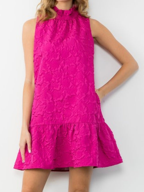 Dressy Magenta Textured High Neck Sleeveless Dress