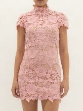 Pink Lace Mock Neck Cap Sleeve Short Dress