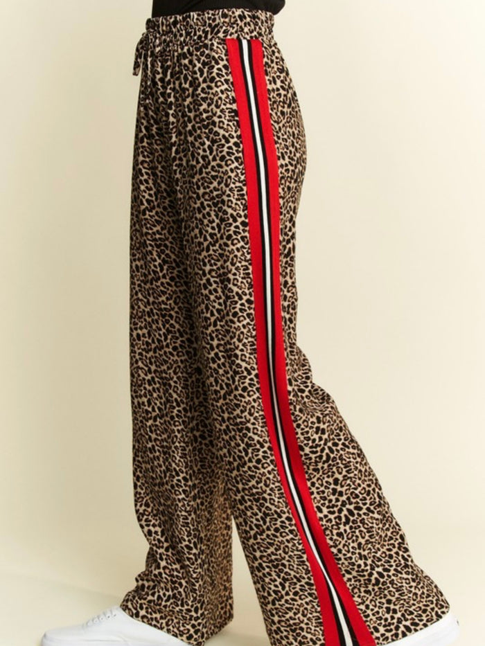 Red Side Stripe Trim Leopard Wide Leg Pant