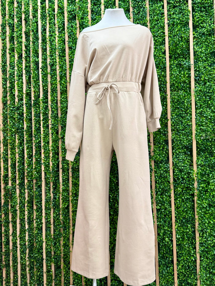 Sand Off Shoulder Long Sleeve Wide Leg Jumpsuit