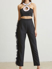 Rhinestone and Feather Detail Pant Set